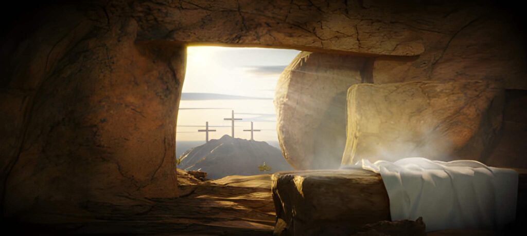 Empty tomb of Jesus with crosses in the background and cinematic lighting