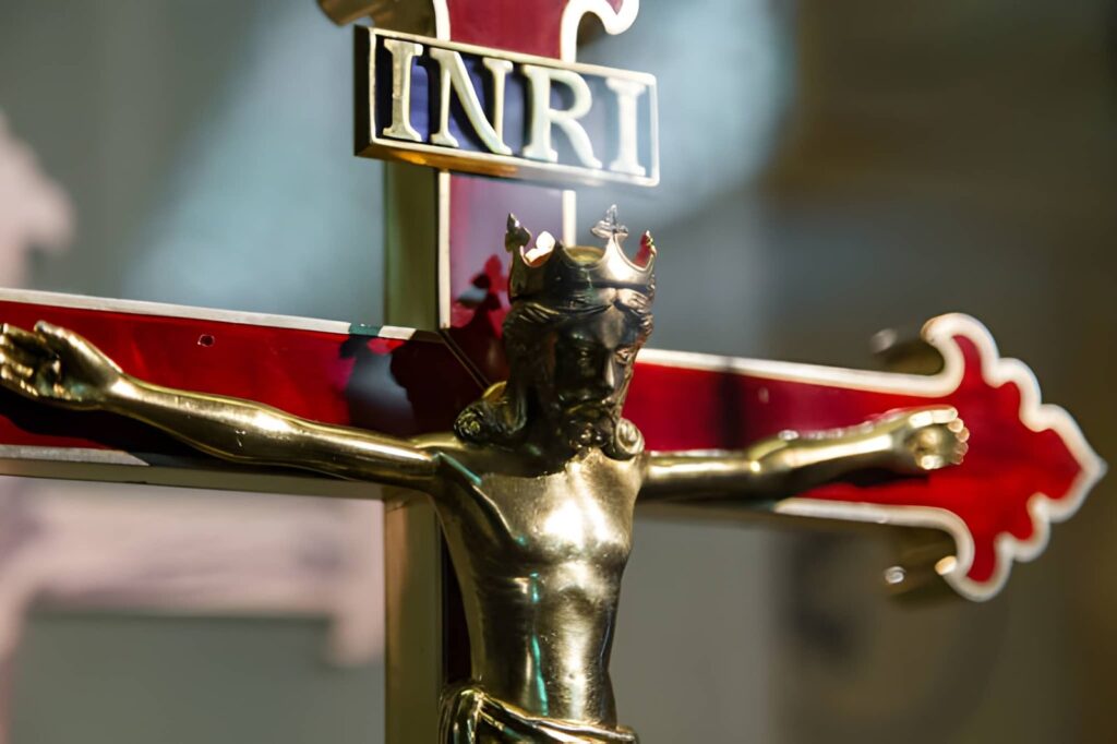 Holy cross with crucified Jesus Christ and the inscription: INRI Iesus Nazarenus, Rex Iudaeorum